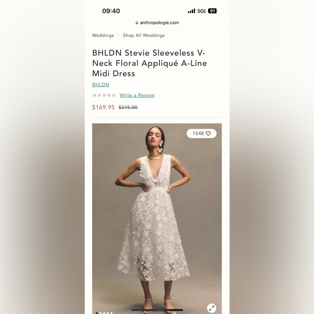 BHLDN Stevie Sleeveless V-Neck Floral Appliqué A-Line Midi Dress - XL